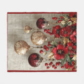 Christmas Elegant Ornaments Red Gold Red Flowers  フリースブランケット (正面(横))