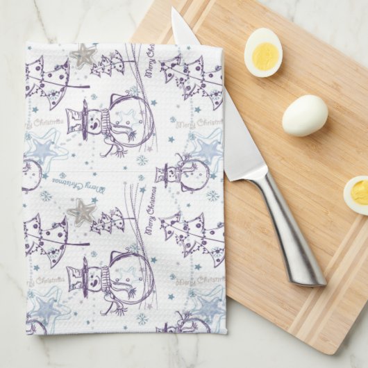 Christmas Elements Snowman Sketch キッチンタオル (四つ折り)