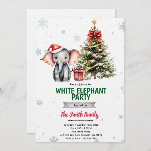 Christmas Elephant Party Invitation 招待状 (正面/裏面)