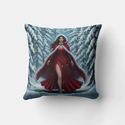 Christmas Elf in Red in Snowy Winter Forest クッション (裏面)