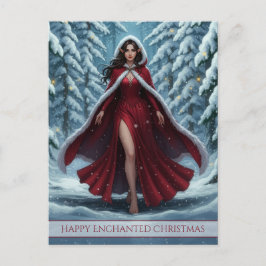 Christmas Elf in Red in Snowy Winter Forest シーズンポストカード