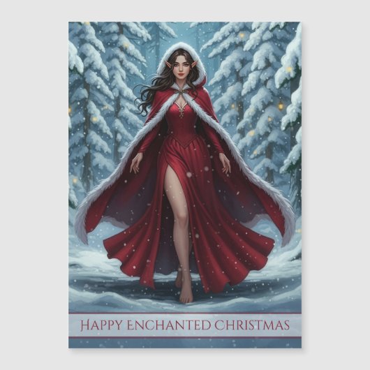Christmas Elf in Red in Winter Forest Magnet Card (正面)