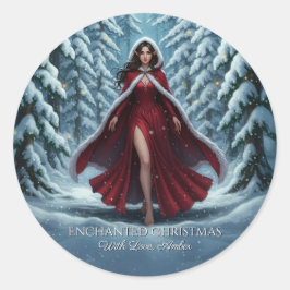 Christmas Elf in Red in Winter Forest Magnet Card ラウンドシール