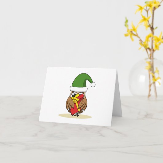 Christmas Elf Owl with Present カード (黄色い花)