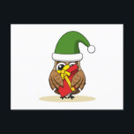 Christmas Elf Owl with Present シーズンポストカード<br><div class="desc">An illustration of a shy happy elf owl with green santa hat and red present with yellow ribbon. This cute cartoon design is a gift idea for owl lovers,  bird lovers,  and fantasy or magical movie lovers. Are you excited to receive your gift on Christmas?</div>