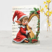 Christmas Elf Playing a Harp カード (黄色い花)