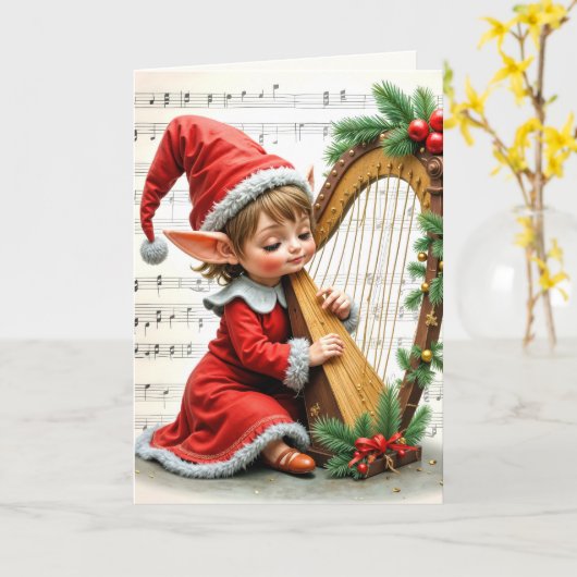 Christmas Elf Playing a Harp カード (黄色い花)