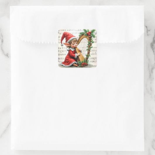 Christmas Elf Playing a Harp スクエアシール (バッグ)
