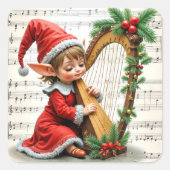 Christmas Elf Playing a Harp スクエアシール (正面)