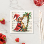 Christmas Elf Playing a Harp スタンダードカクテルナプキン (インサイチュ)