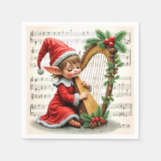 Christmas Elf Playing a Harp スタンダードカクテルナプキン (正面)