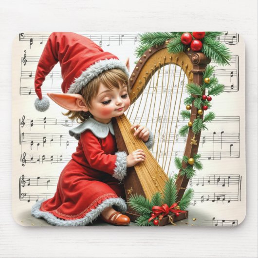Christmas Elf Playing a Harp マウスパッド (正面)