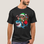 Christmas Elf Riding Shark Santa Hat Candy Cane Xm Tシャツ (正面)