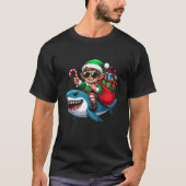 Christmas Elf Riding Shark Santa Hat Candy Cane Xm Tシャツ (正面)