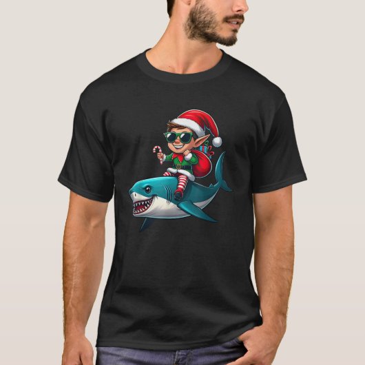 Christmas Elf Riding Shark Sunglasses Santa Hat Ca Tシャツ (正面)