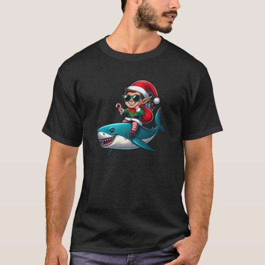 Christmas Elf Riding Shark Sunglasses Santa Hat Ca Tシャツ (正面)