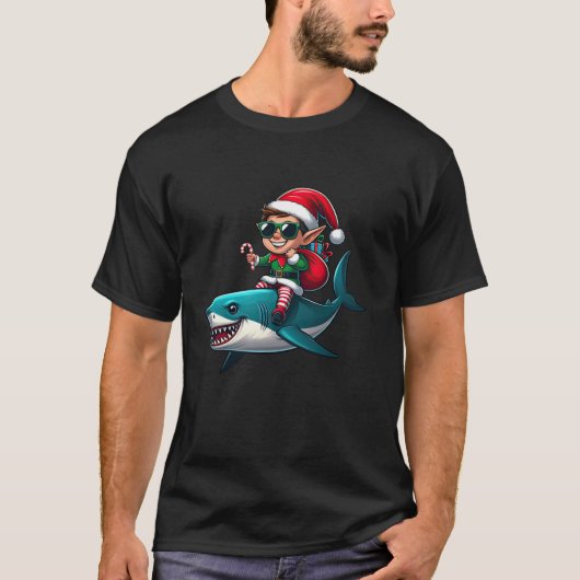 Christmas Elf Riding Shark Sunglasses Santa Hat Ca Tシャツ (正面)