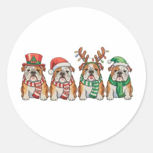 Christmas English Bulldog Dog Santa Hat Reindeer ラウンドシール (正面)