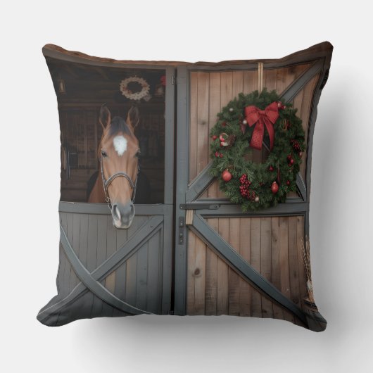Christmas Equestrian Barn Pillow クッション (正面)