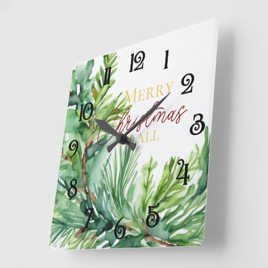 Christmas Evergreen Branch スクエア壁時計 (傾斜)
