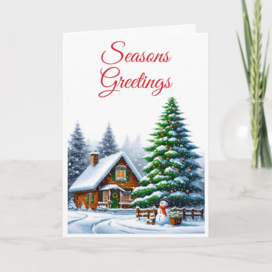 Christmas Evergreen Snowy Log Cabin Greeting Card  シーズンカード (正面)