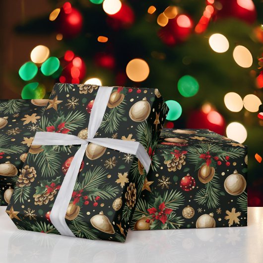 Christmas Evergreen Tree Ornaments Red Gold ラッピングペーパー