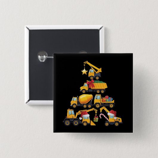Christmas Excavator Construction Truck Tree 缶バッジ (正面&裏面)