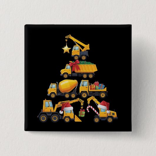 Christmas Excavator Construction Truck Tree 缶バッジ (正面)