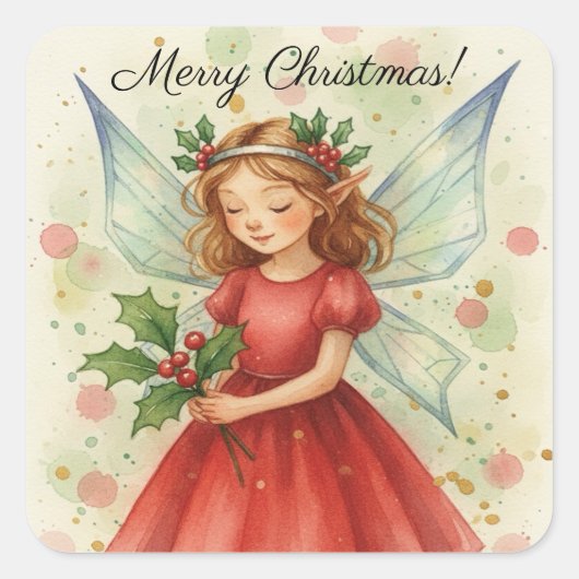 Christmas Fairy Watercolor Art スクエアシール (正面)