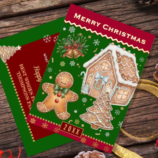 Christmas Family Card, Gingerbread Man, Red /Green 箔シーズンカード