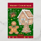 Christmas Family Card, Gingerbread Man, Red /Green 箔シーズンカード (正面)