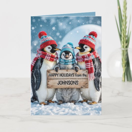 Christmas Family Penguins With a Wooden Sign カード (正面)