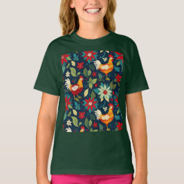 Christmas Farm Chickens And Poinsettias Tシャツ