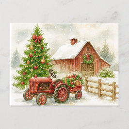 Christmas Farm Morning Red Tractor Barn Postcard シーズンポストカード
