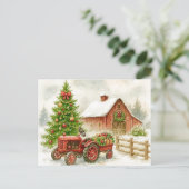 Christmas Farm Morning Red Tractor Barn Postcard シーズンポストカード (スタンド正面)