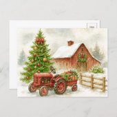 Christmas Farm Morning Red Tractor Barn Postcard シーズンポストカード (正面/裏面)