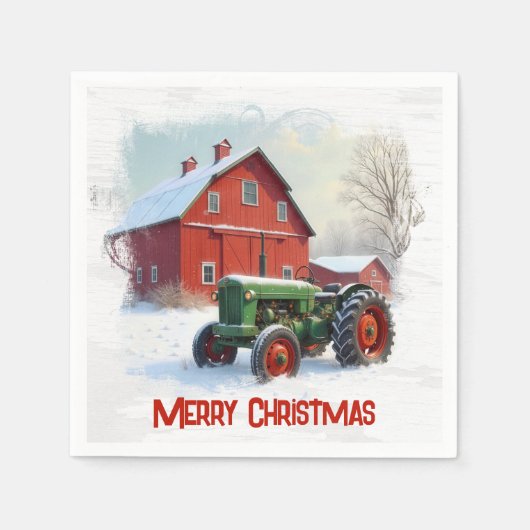 Christmas Farm Tractor and Red Barn スタンダードカクテルナプキン (正面)