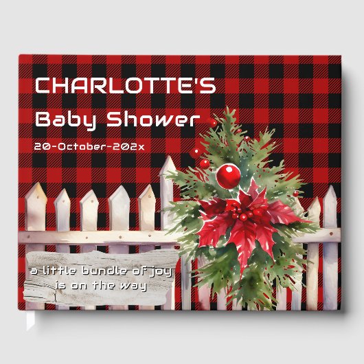Christmas Fence Buffalo Plaid Baby Shower ゲストブック (正面)