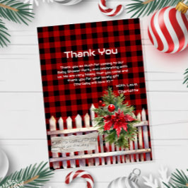 Christmas Fence Buffalo Plaid Baby Shower サンキューカード