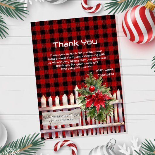 Christmas Fence Buffalo Plaid Baby Shower サンキューカード