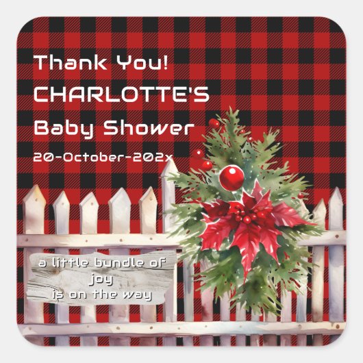 Christmas Fence Buffalo Plaid Baby Shower スクエアシール (正面)