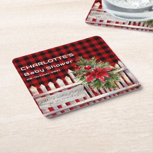 Christmas Fence Buffalo Plaid Baby Shower スクエアペーパーコースター (アングル)