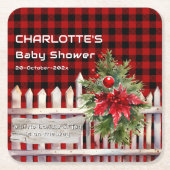 Christmas Fence Buffalo Plaid Baby Shower スクエアペーパーコースター (正面)