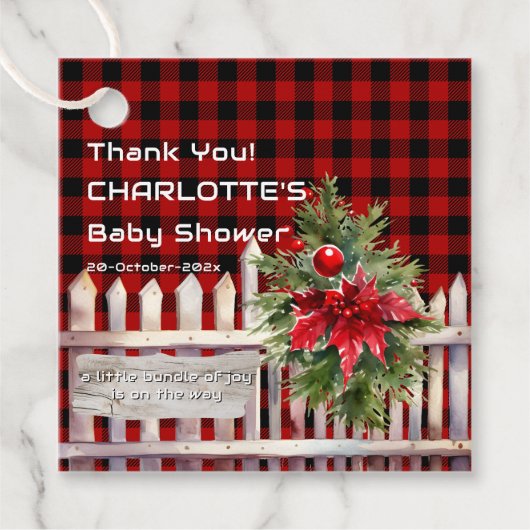 Christmas Fence Buffalo Plaid Baby Shower フェイバータグ (正面)
