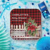 Christmas Fence Buffalo Plaid Baby Shower ペーパープレート (パーティー)