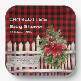 Christmas Fence Buffalo Plaid Baby Shower ペーパープレート