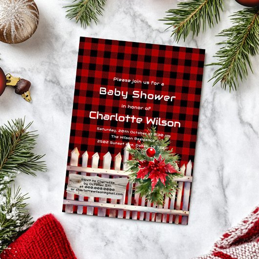 Christmas Fence Buffalo Plaid Baby Shower 招待状