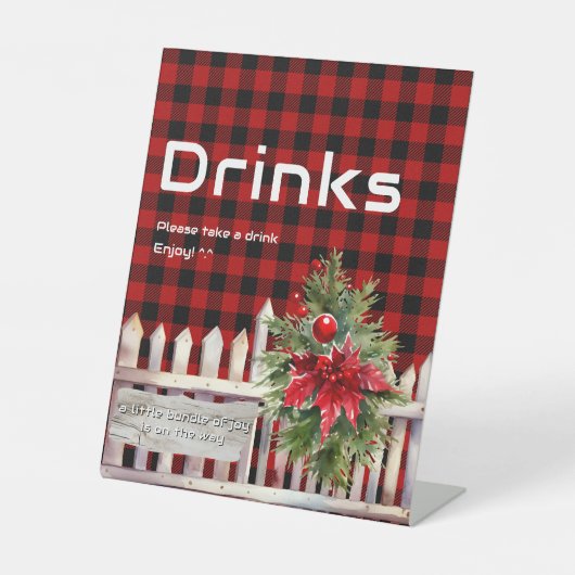 Christmas Fence Buffalo Plaid Baby Shower Drinks 台座サイン (正面)