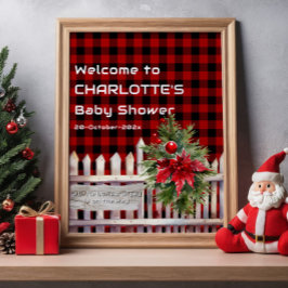 Christmas Fence Buffalo Plaid Baby Shower Welcome ポスター
