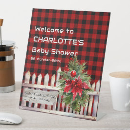 Christmas Fence Buffalo Plaid Baby Shower Welcome 台座サイン